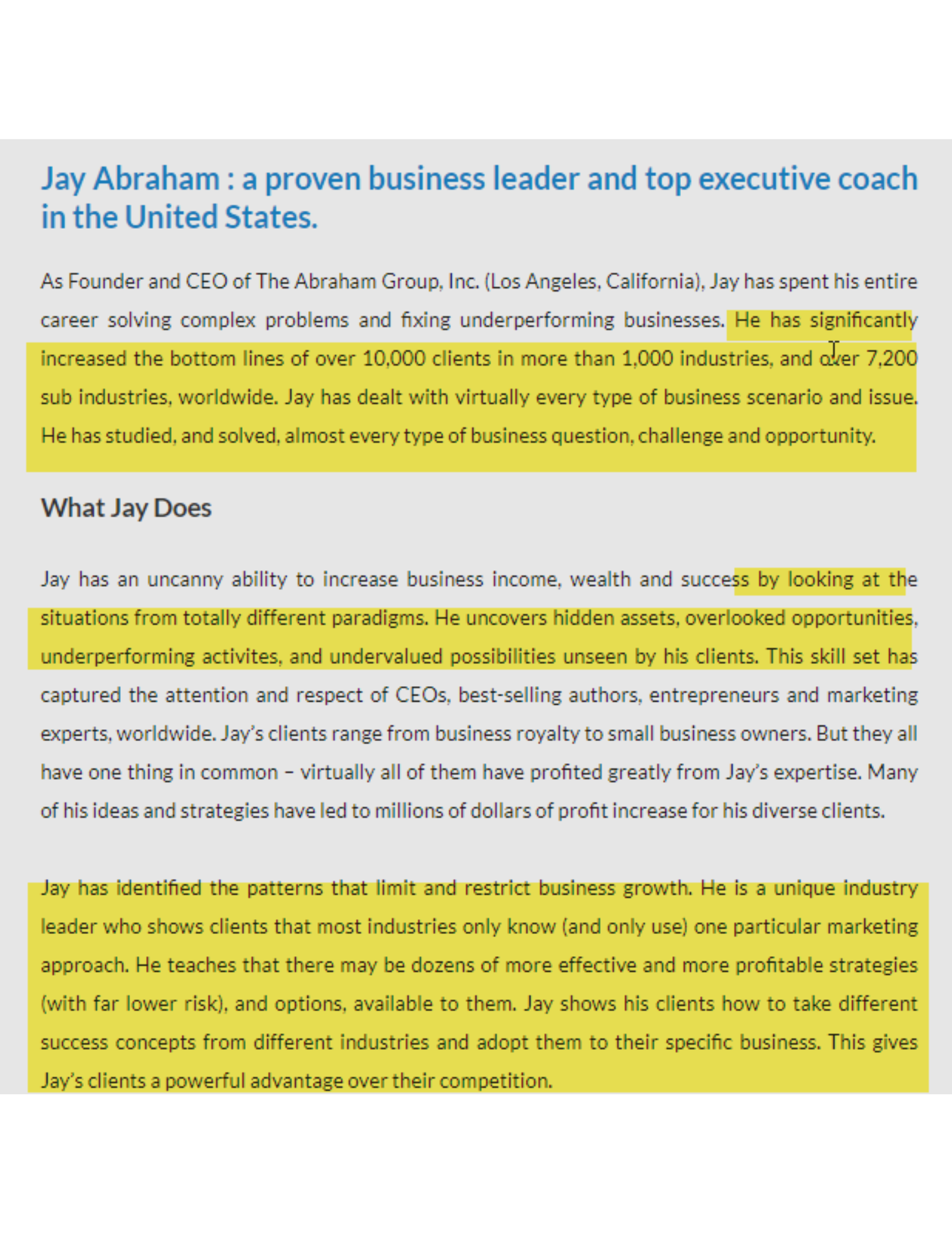 Screenshot Jay Abraham Website Screenshot vom 12.09.2023 von Seite https://www.abraham.com/about/