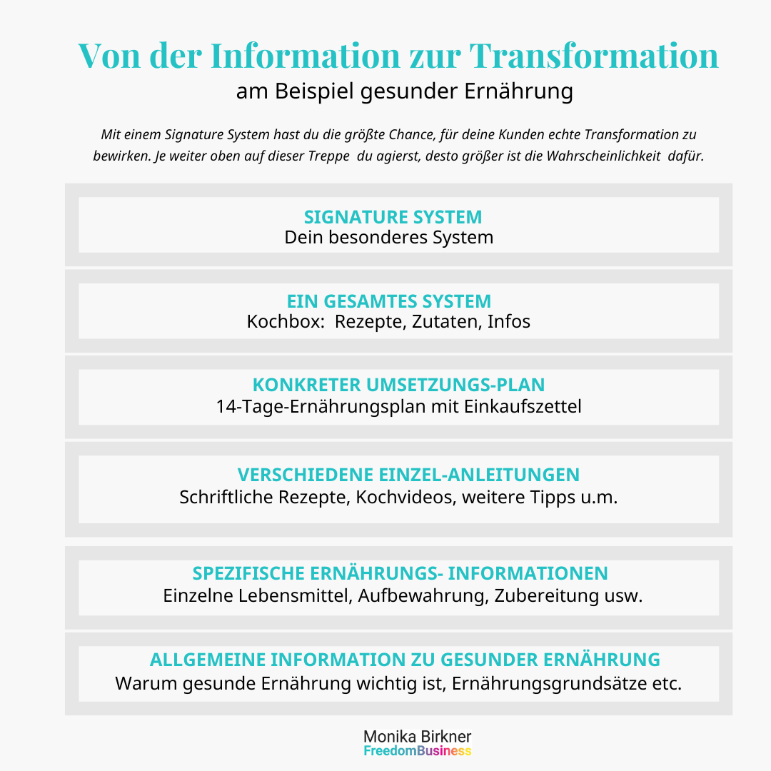 Infografik mit den 6 Stufen von der Information zur Transformation: Allgemeine Info, Spezifische Info, Einzel-Anleitungen, Konkreter Plan, Gesamt-System, Eigenes Signature System