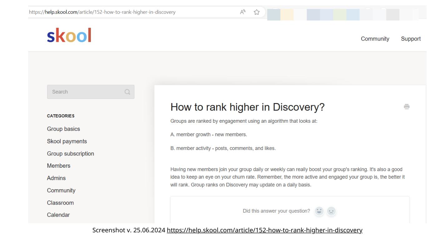 Skool-Hilfe-Funktion zum Ranking einer Community Screenshot v. 25.06.2024