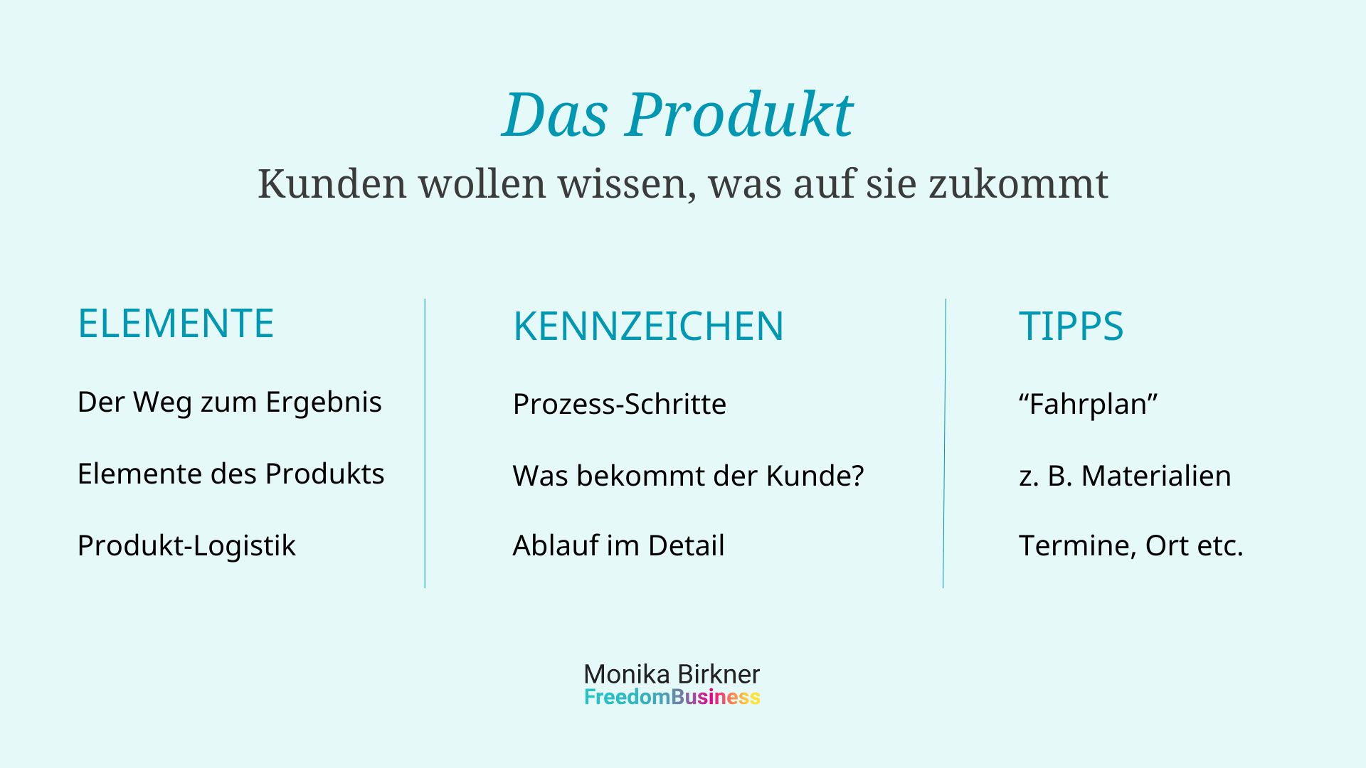 Monika Birkner Infografik zu den Elementen eines Produktes: Der Weg zum Ergebnis, die Elemente eines Produktes und die Produkt-Logistik, also die Details bei der Abwicklung.