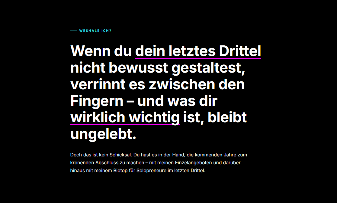 Das letzte Drittel der Selbstständigkeit bewusst gestalten schwarzer Block auf der Startseite